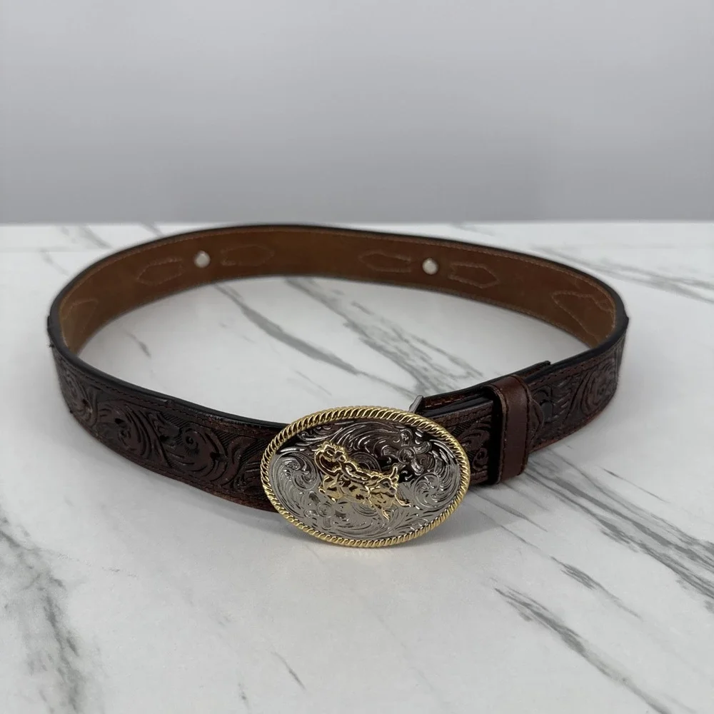 3D Belt Boys' Floral Embossed Tabs Leather Belt Western Cowboy Equestrian Brown